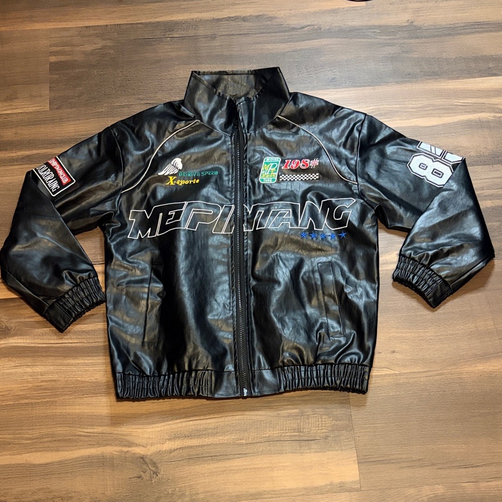 Mens Ping Black Faux-Leather Racing Jacket with Logo Patches Size Medium